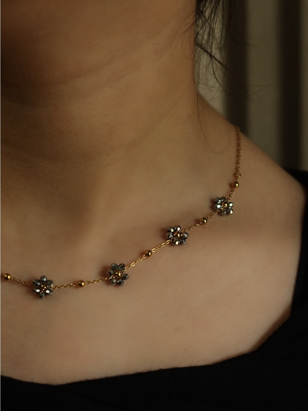 Gold Floral Crystal Station Necklace in Gold and Gray - Women Jewelry